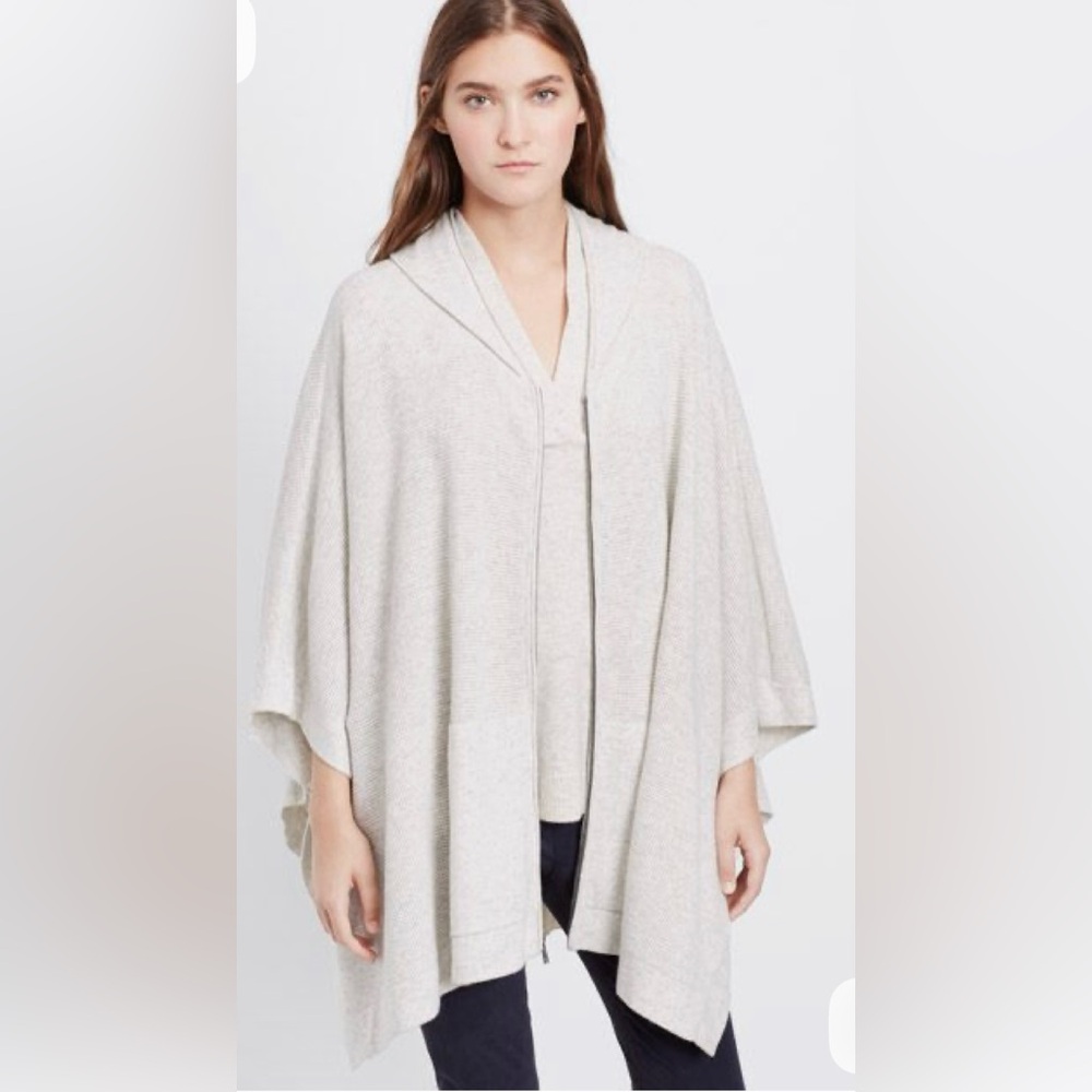 Vince 100% Cashmere Hooded Poncho ZipUp Sweater GrayOat XS/S Lagenlook Cape FLAW